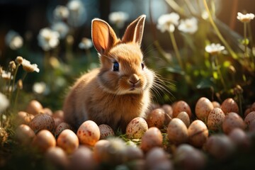 Wall Mural - Easter bunny sitting near Easter eggs, green grass. Cute colorful bunny, green background, spring holiday, symbol of Easter, rabbits crawling on the green grass