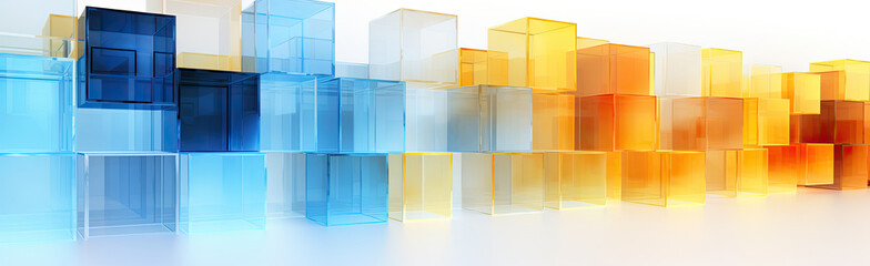 Wall Mural - Panoramic texture background with random 3d cubic crystal boxes in bright blue and yellow colors