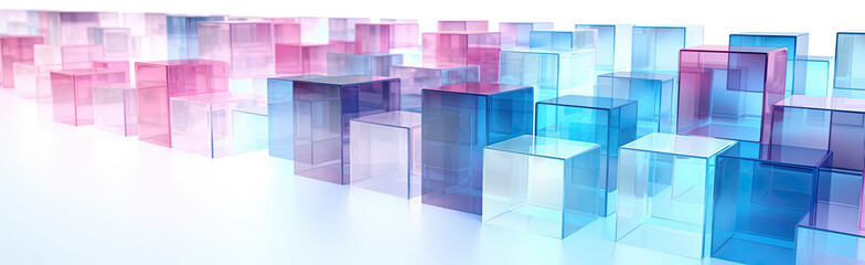 Wall Mural - Panoramic texture background with random 3d cubic crystal boxes in bright blue and red colors