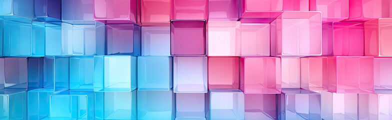 Wall Mural - Panoramic texture background with random 3d cubic crystal boxes in bright blue and red colors
