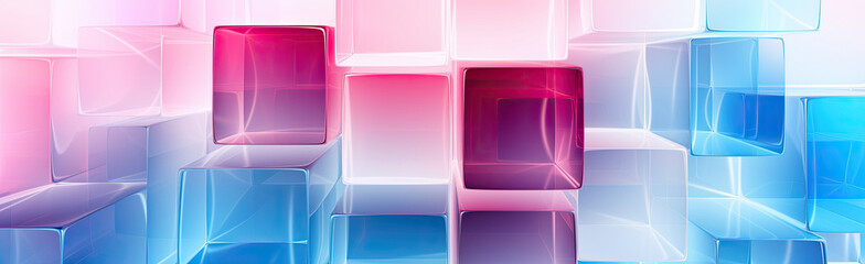 Wall Mural - Panoramic texture background with random 3d cubic crystal boxes in bright blue and red colors