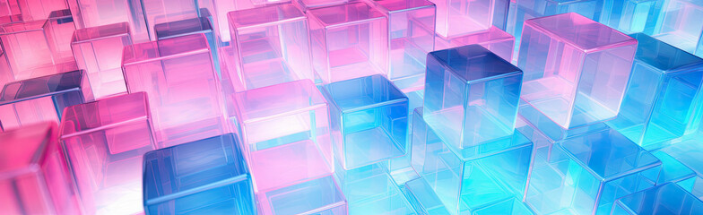 Wall Mural - Panoramic texture background with random 3d cubic crystal boxes in bright blue and red colors