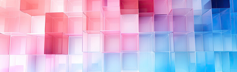 Wall Mural - Panoramic texture background with random 3d cubic crystal boxes in bright blue and red colors