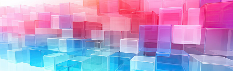 Wall Mural - Panoramic texture background with random 3d cubic crystal boxes in bright blue and red colors