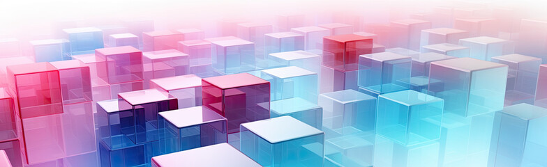 Wall Mural - Panoramic texture background with random 3d cubic crystal boxes in bright blue and red colors