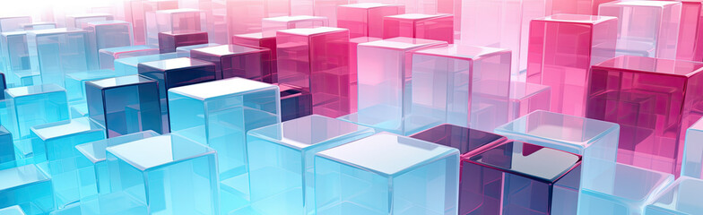 Wall Mural - Panoramic texture background with random 3d cubic crystal boxes in bright blue and red colors