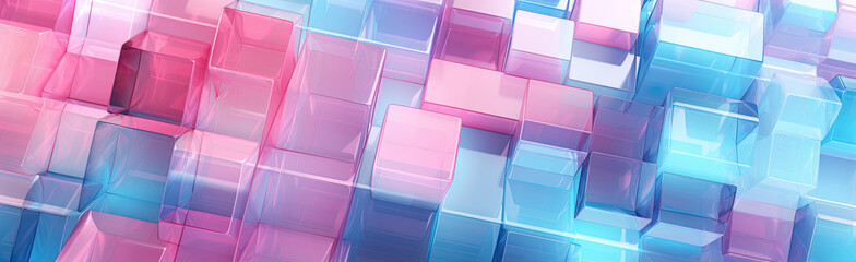 Wall Mural - Panoramic texture background with random 3d cubic crystal boxes in bright blue and red colors