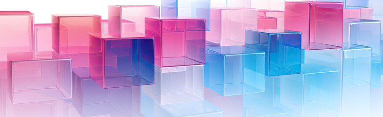 Wall Mural - Panoramic texture background with random 3d cubic crystal boxes in bright blue and red colors