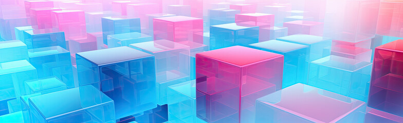 Wall Mural - Panoramic texture background with random 3d cubic crystal boxes in bright blue and red colors