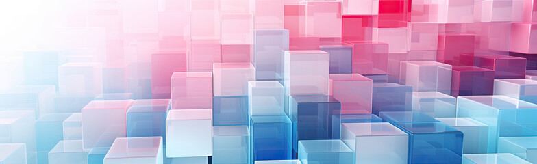 Wall Mural - Panoramic texture background with random 3d cubic crystal boxes in bright blue and red colors