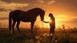 Silhouette of man while stroking of therapy horse on meadow at sunset. 