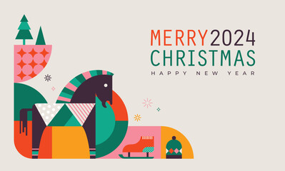 Wall Mural - Set of Merry Christmas and Happy New Year 2024 vector illustration for greeting cards, posters, holiday covers in modern minimalist geometric style.