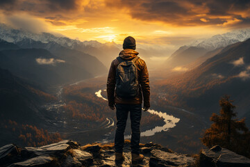 Poster - A person standing on a mountaintop, gazing at a beautiful sunrise, representing the feeling of hope and optimism that comes with the New Year.  