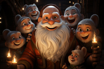 Leinwandbilder - A cute cartoon of Santa Claus taking a selfie with a group of animated holiday characters.  