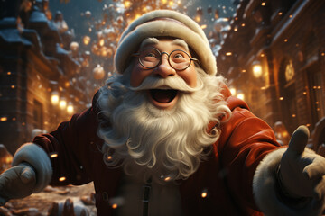 Poster - A festive cartoon of Santa Claus ringing bells and spreading Christmas cheer.  