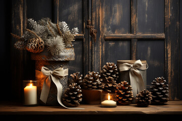 Wall Mural - A rustic Christmas background with wooden textures, burlap ribbons, and pinecones, evoking a warm and inviting atmosphere.  