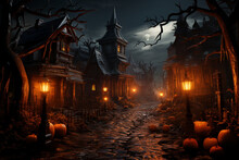 A Haunted House With Glowing Pumpkins Lining The Pathway.  