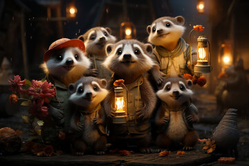 Leinwandbilder - A whimsical New Year background with cute animals celebrating in festive outfits.  