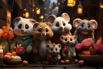 Leinwandbilder - A whimsical New Year background with cute animals celebrating in festive outfits.  