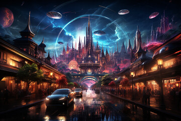 Fototapete - A futuristic cityscape with holographic fireworks and flying cars celebrating the New Year.  