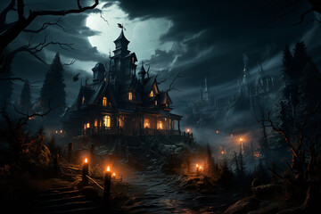 Fototapete - A haunted mansion with a full moon and spooky clouds in the background.  