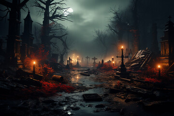 Poster - A foggy graveyard with tombstones and eerie mist enveloping the scene.