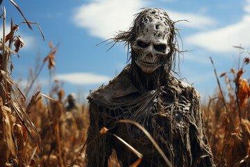 Poster - A haunted scarecrow in a cornfield with glowing eyes and tattered clothes. 