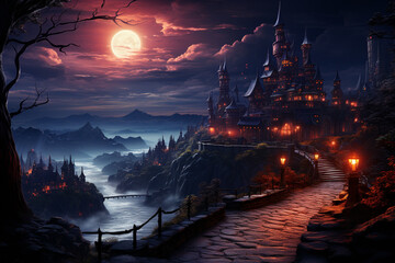 Poster - A haunted house on a hill with a winding path leading up to it. 