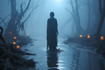 Aufkleber - A ghostly figure emerging from a foggy swamp with eerie blue lights. 