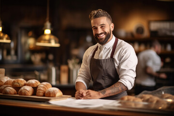 Wall Mural - Smiling bartender prepares orders at the bakery to a customers in the style of soft and dreamy atmosphere.