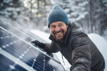 a happy Man in winter clothes cleaning solar cell in winter