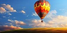 A Rainbow-colored Hot Air Balloon Rises In A Clear, Cloudy Sky