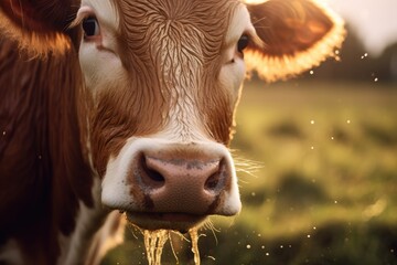 Close-up of the nose and nostrils of a cow in the pasture