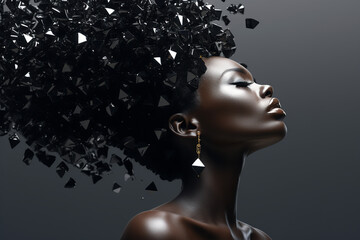 Black afro American fashion model with Swarovski crystal makeup and clothing