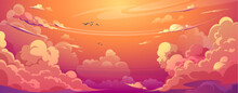 Sunset Anime Cloud Vector Cartoon Scene Background. Summer Cloudy Weather Air Design. Beautiful Pink, Orange And Purple Evening Panorama Wallpaper. Fluffy Romantic Horizon Graphic Illustration