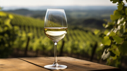  Glass of white wine on table with blurry landscape