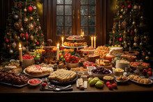 Thanksgiving Food And Dessert For Party Invitation, Christmas Party Celebration With Dinner Meal On Table, Happy New Year And Xmas Scene, Wooden Table Full Of Food And Treats.