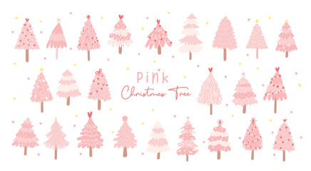 festive pink christmas tree set. cheerful flat design collection