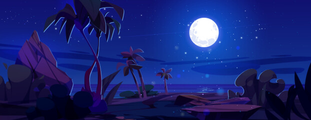 Wall Mural - Coast of sea or ocean with stones and palm trees on shore at night under dark starry sky and light of full moon. Cartoon vector tropical seaside summer landscape with calm water at twilight.