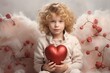 A young child expressing love and affection with a heartfelt gesture. Cute baby cupid with blonde curly hair.