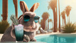 Altkluger alter Hase genießt Urlaub am Pool mit Cocktail Sommerurlaub Werbung Reiseveranstalter Motiv Vorlage Idee Grußkarte skurrile Tiere lustig Generative AI 