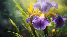 An Iris In Full Bloom, Its Colors Shifting From Deep Purple To Soft Yellow.
