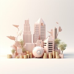 Wall Mural - Sky scraper and stack of coins, Pastel background. 3D rendering. Financial and investment business concepts 