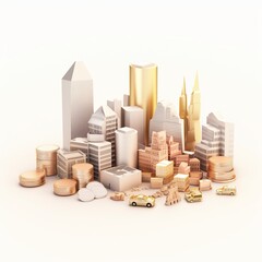 Wall Mural - Sky scraper and stack of coins, Pastel background. 3D rendering. Financial and investment business concepts 