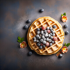 Wall Mural - Waffle with blueberry raspberry on a black background