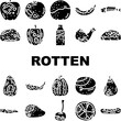 rotten food waste icons set vector. rubbish bad, trash, garbage fruit, vegetable bin, dirty kitchen, junk, reduce rotten food waste glyph pictogram Illustrations