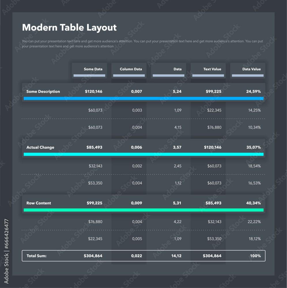 Modern table layout template with a total sum row - dark version. Simple flat template for data visualization.