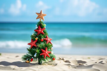 Christmas tree on the sand beach. Summer Xmas vacation background.