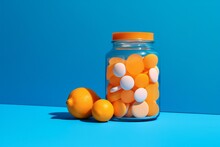 Orange Jar With Pills On Blue Background. Generative AI