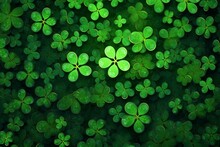 Green Cloverleaf Background With Four-leafed Clovers Representing Spring Or Luck Concept. Generative AI